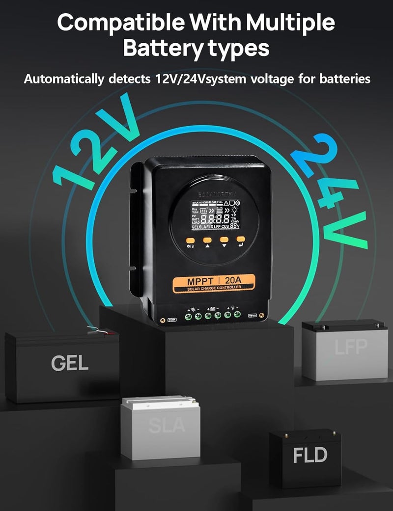 ECO-WORTHY MPPT Solar Charge Controller 12V/24V 20A,Bluetooth & APP Monitoring,LCD Display, Solar Panel Regulator for Gel,SLA,FLD,LFP Battery in Solar System,RV - Image 4